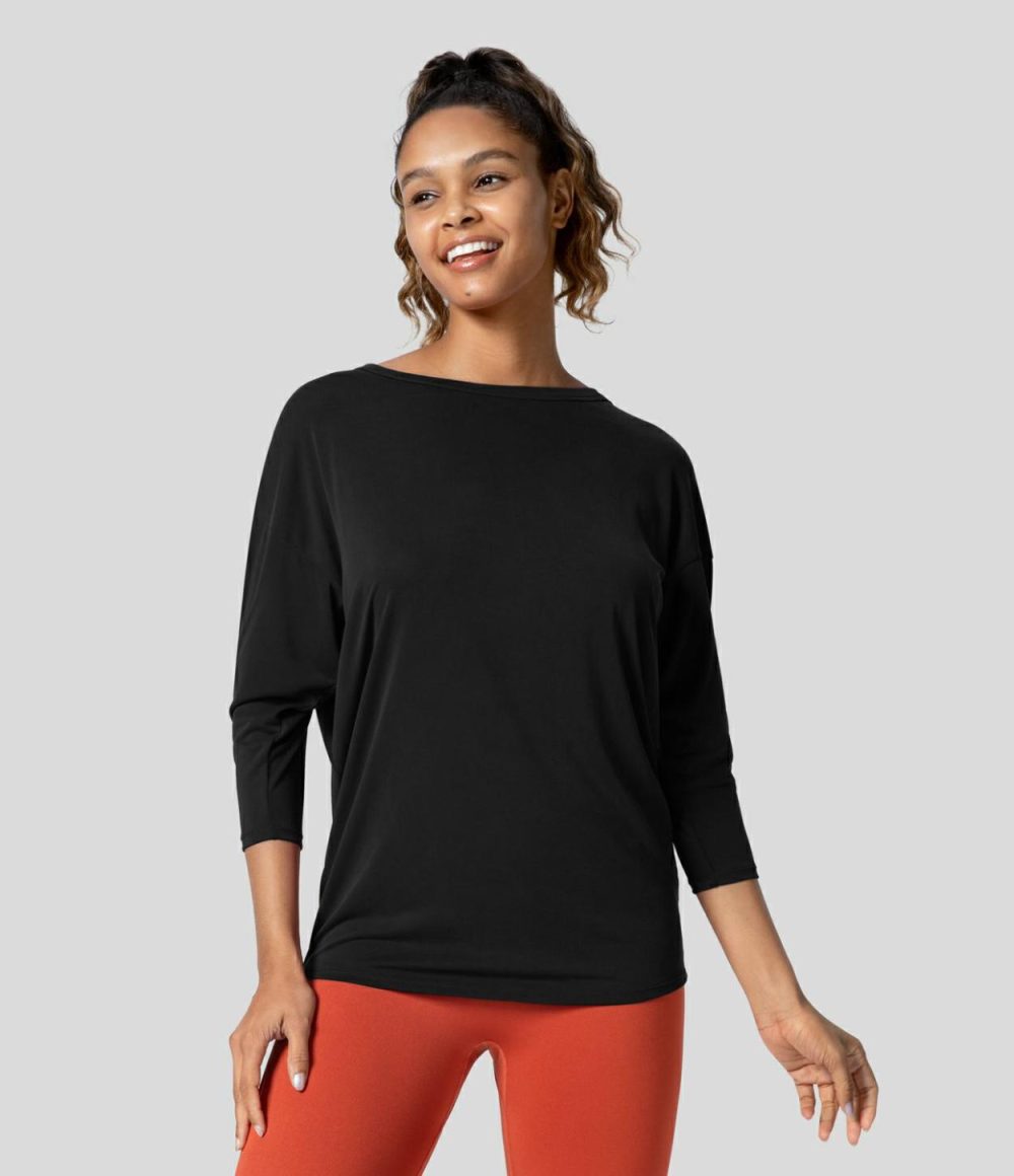 Cut Out Plicated 3/4 Sleeve Yoga Sports Top  | Womens  Sports Tops Clothing Oxblood Red/Black