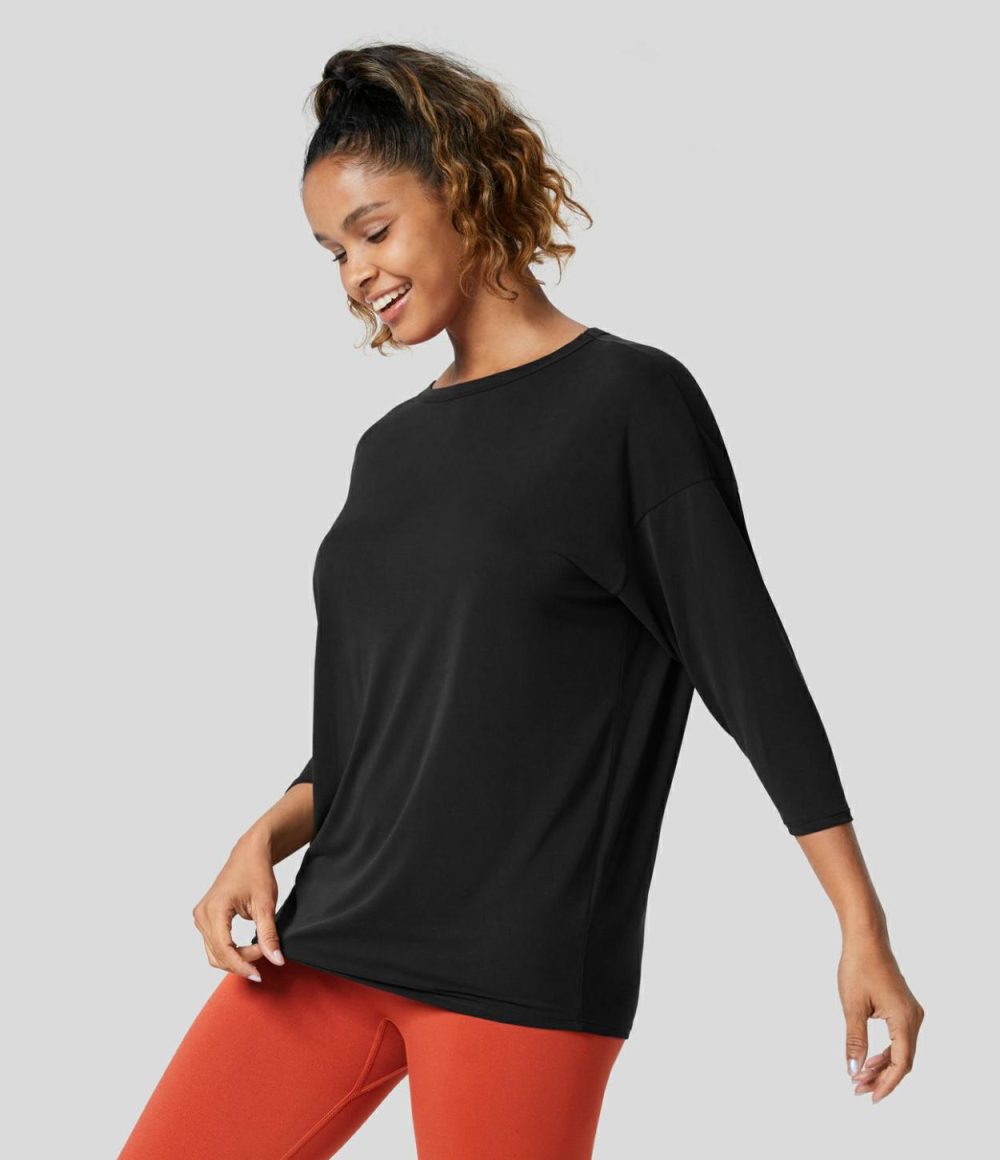 Cut Out Plicated 3/4 Sleeve Yoga Sports Top  | Womens  Sports Tops Clothing Oxblood Red/Black