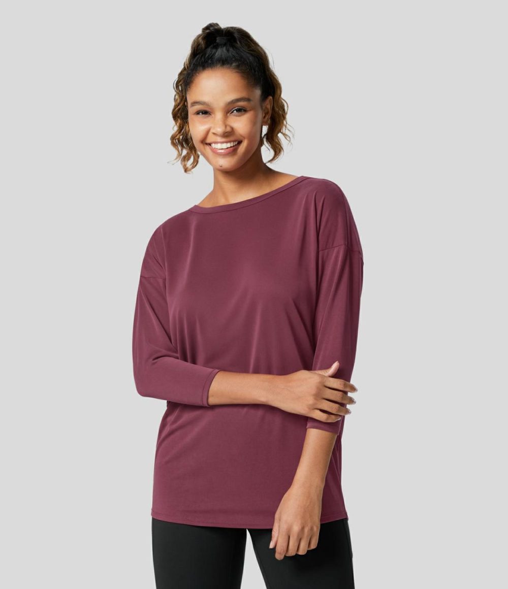 Cut Out Plicated 3/4 Sleeve Yoga Sports Top  | Womens  Sports Tops Clothing Oxblood Red/Black