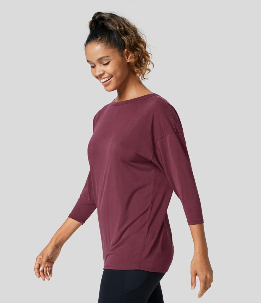 Cut Out Plicated 3/4 Sleeve Yoga Sports Top  | Womens  Sports Tops Clothing Oxblood Red/Black