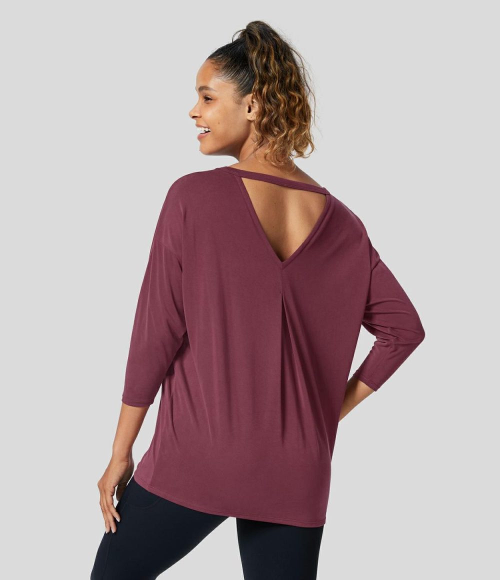 Cut Out Plicated 3/4 Sleeve Yoga Sports Top  | Womens  Sports Tops Clothing Oxblood Red/Black