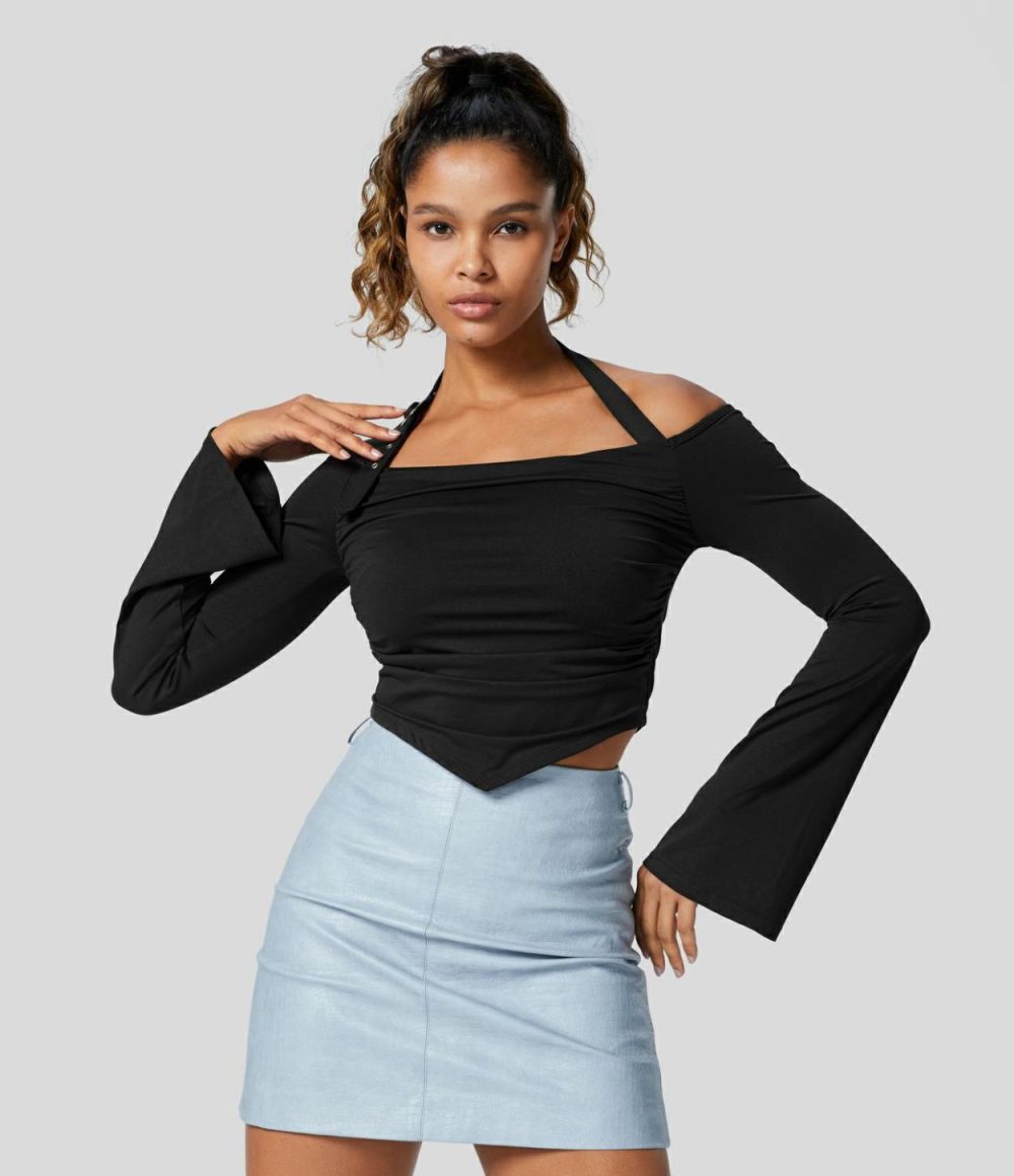 Halter Flare Long Sleeve Ruched V Shaped Hem Casual Top  | Womens  Long Sleeve Tops Clothing Chestnut/Black