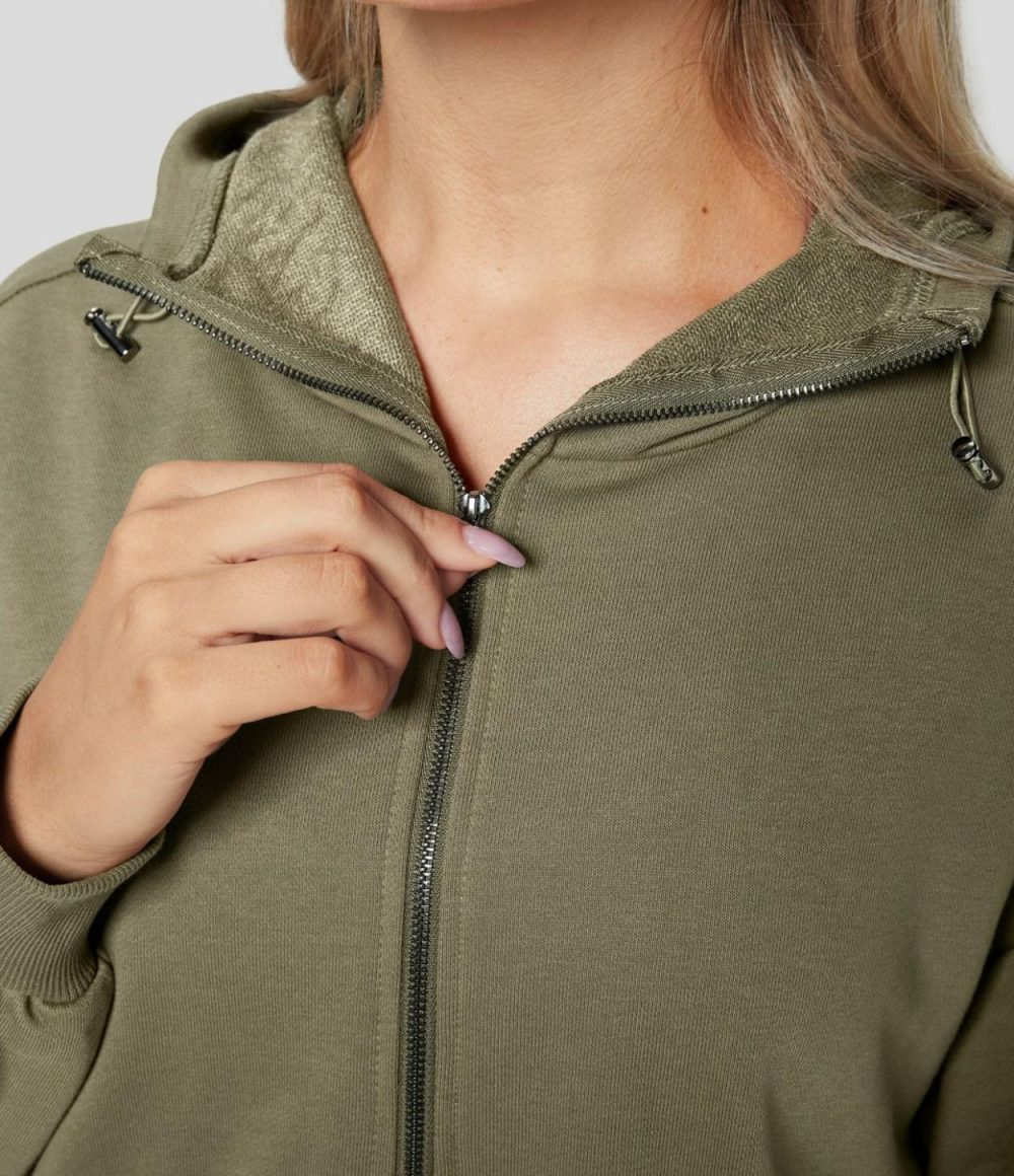 Hooded Drawcord Half Zip Long Sleeve Kangaroo Pocket Casual Sweatshirt  | Womens  Long Sleeve Tops Clothing Aloe/Antique White/Black