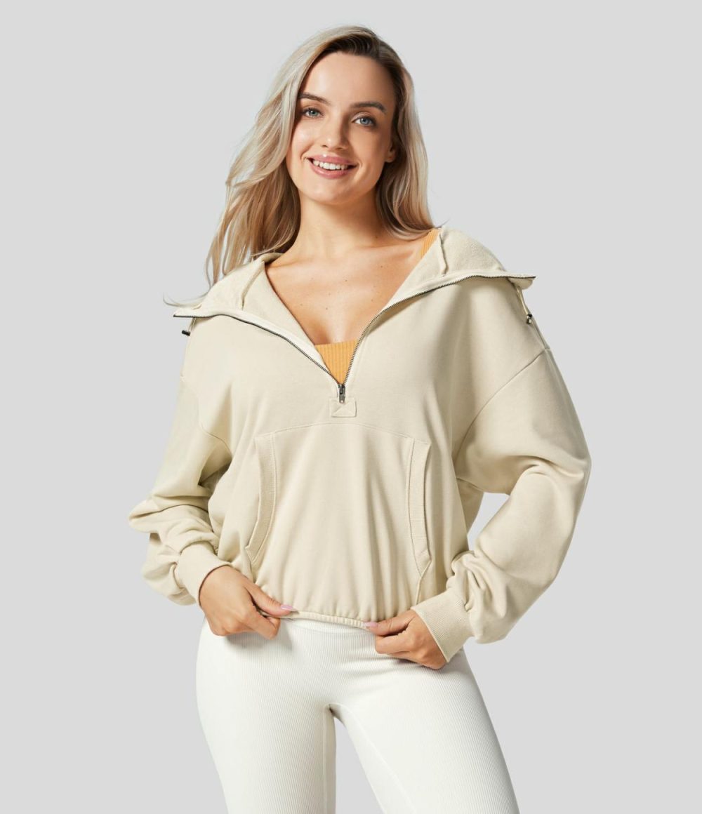 Hooded Drawcord Half Zip Long Sleeve Kangaroo Pocket Casual Sweatshirt  | Womens  Long Sleeve Tops Clothing Aloe/Antique White/Black