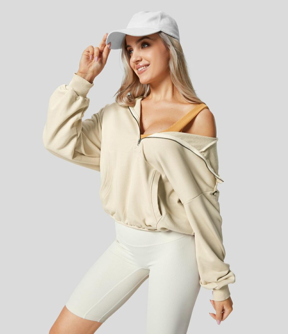 Hooded Drawcord Half Zip Long Sleeve Kangaroo Pocket Casual Sweatshirt  | Womens  Long Sleeve Tops Clothing Aloe/Antique White/Black