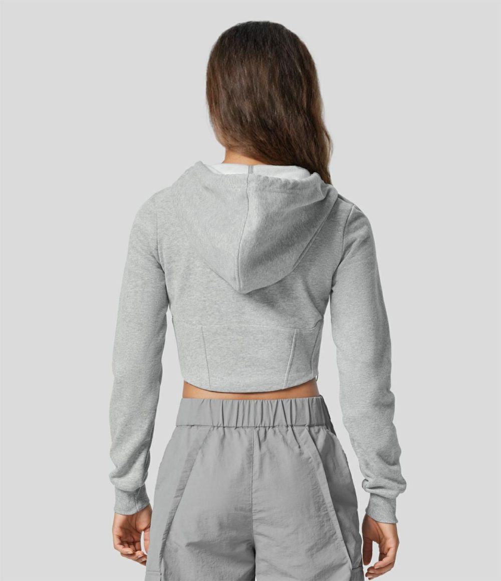 Hooded Drawstring Long Sleeve Corset Invisible Zipper Curved Hem Cropped Slim Fleece Casual Cotton Sweatshirt  | Womens  Long Sleeve Tops Clothing Long Sleeve Tops