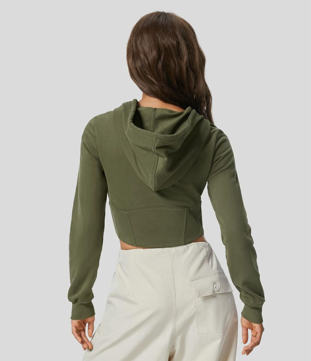 Hooded Drawstring Long Sleeve Corset Invisible Zipper Curved Hem Cropped Slim Fleece Casual Cotton Sweatshirt  | Womens  Long Sleeve Tops Clothing Long Sleeve Tops