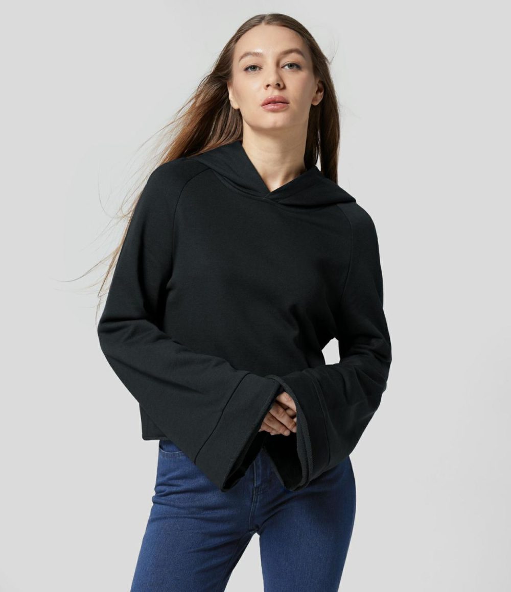 Hooded Flounce Sleeve Casual Cotton Sweatshirt  | Womens  Long Sleeve Tops Clothing Long Sleeve Tops