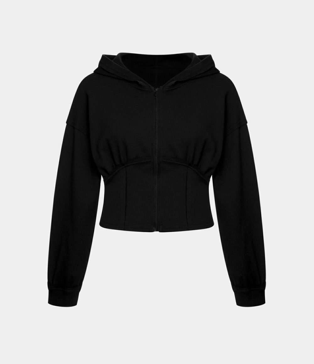 Hooded Full Zip Corset Cropped Waffle Casual Hoodie Sweatshirt  | Womens  Long Sleeve Tops Clothing Long Sleeve Tops