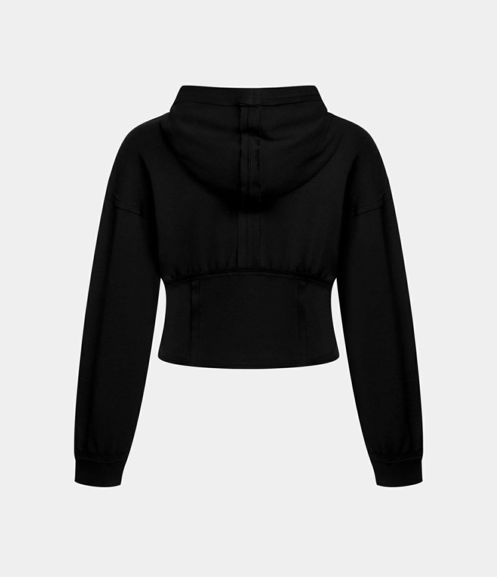 Hooded Full Zip Corset Cropped Waffle Casual Hoodie Sweatshirt  | Womens  Long Sleeve Tops Clothing Long Sleeve Tops