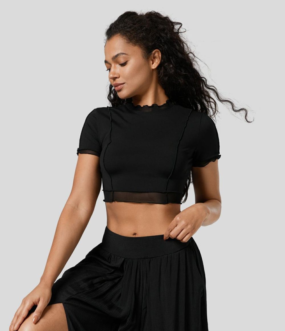 Lettuce Trim Contrast Mesh Skinny Cropped Dance Sports Top  | Womens  Sports Tops Clothing Mood Indigo/Black