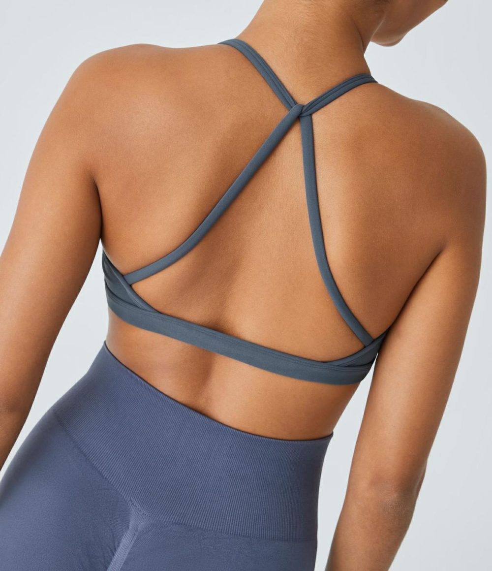 Low Support Backless Ruched Yoga Sports Bra  | Womens  Sports Bras Clothing Flint Stone/Mystic Blue/Apricot Brandy