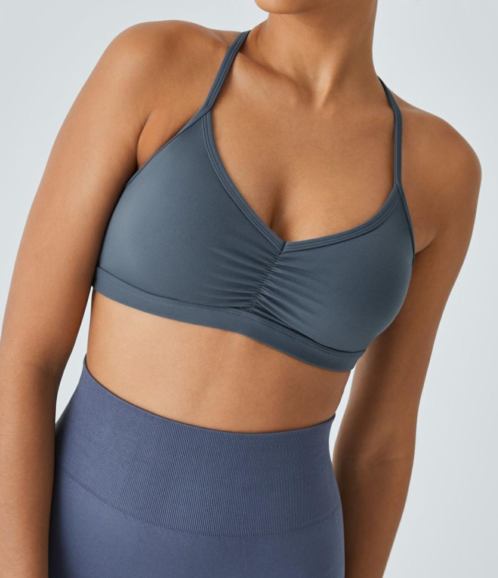 Low Support Backless Ruched Yoga Sports Bra  | Womens  Sports Bras Clothing Flint Stone/Mystic Blue/Apricot Brandy