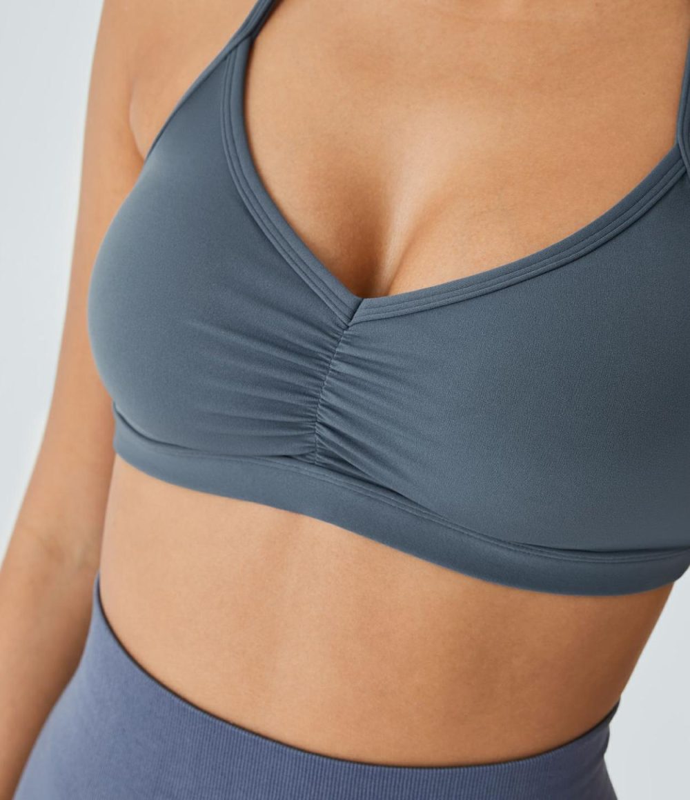 Low Support Backless Ruched Yoga Sports Bra  | Womens  Sports Bras Clothing Flint Stone/Mystic Blue/Apricot Brandy