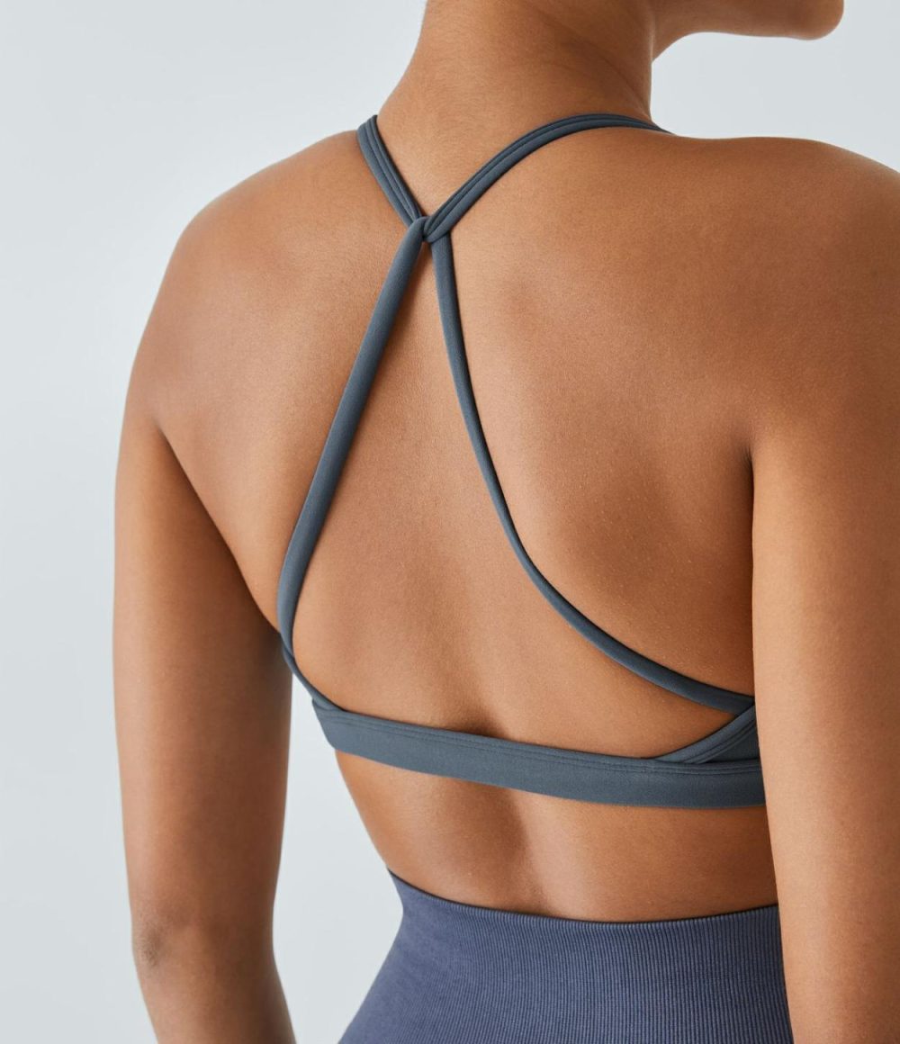 Low Support Backless Ruched Yoga Sports Bra  | Womens  Sports Bras Clothing Flint Stone/Mystic Blue/Apricot Brandy