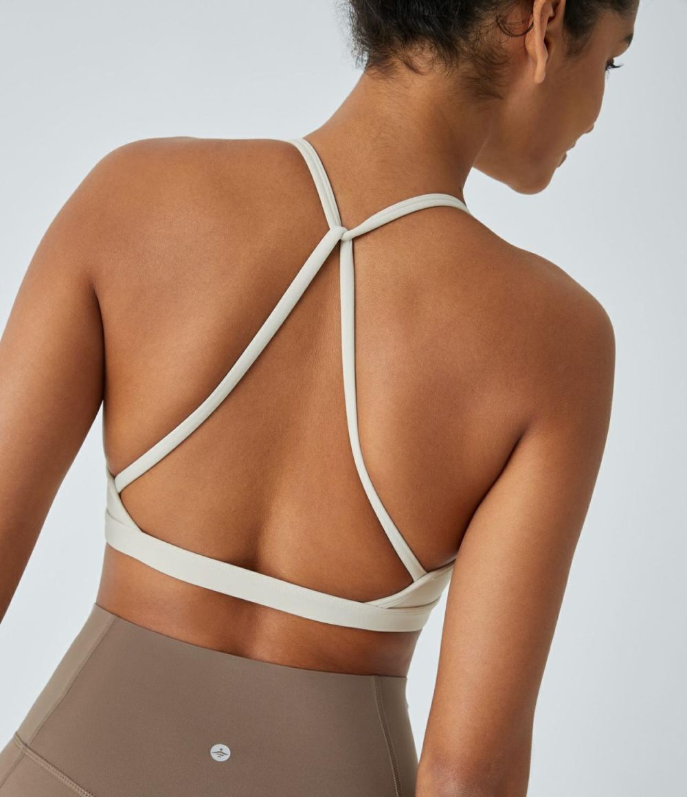 Low Support Backless Ruched Yoga Sports Bra  | Womens  Sports Bras Clothing Flint Stone/Mystic Blue/Apricot Brandy