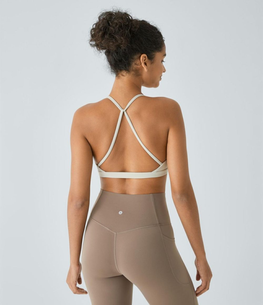 Low Support Backless Ruched Yoga Sports Bra  | Womens  Sports Bras Clothing Flint Stone/Mystic Blue/Apricot Brandy