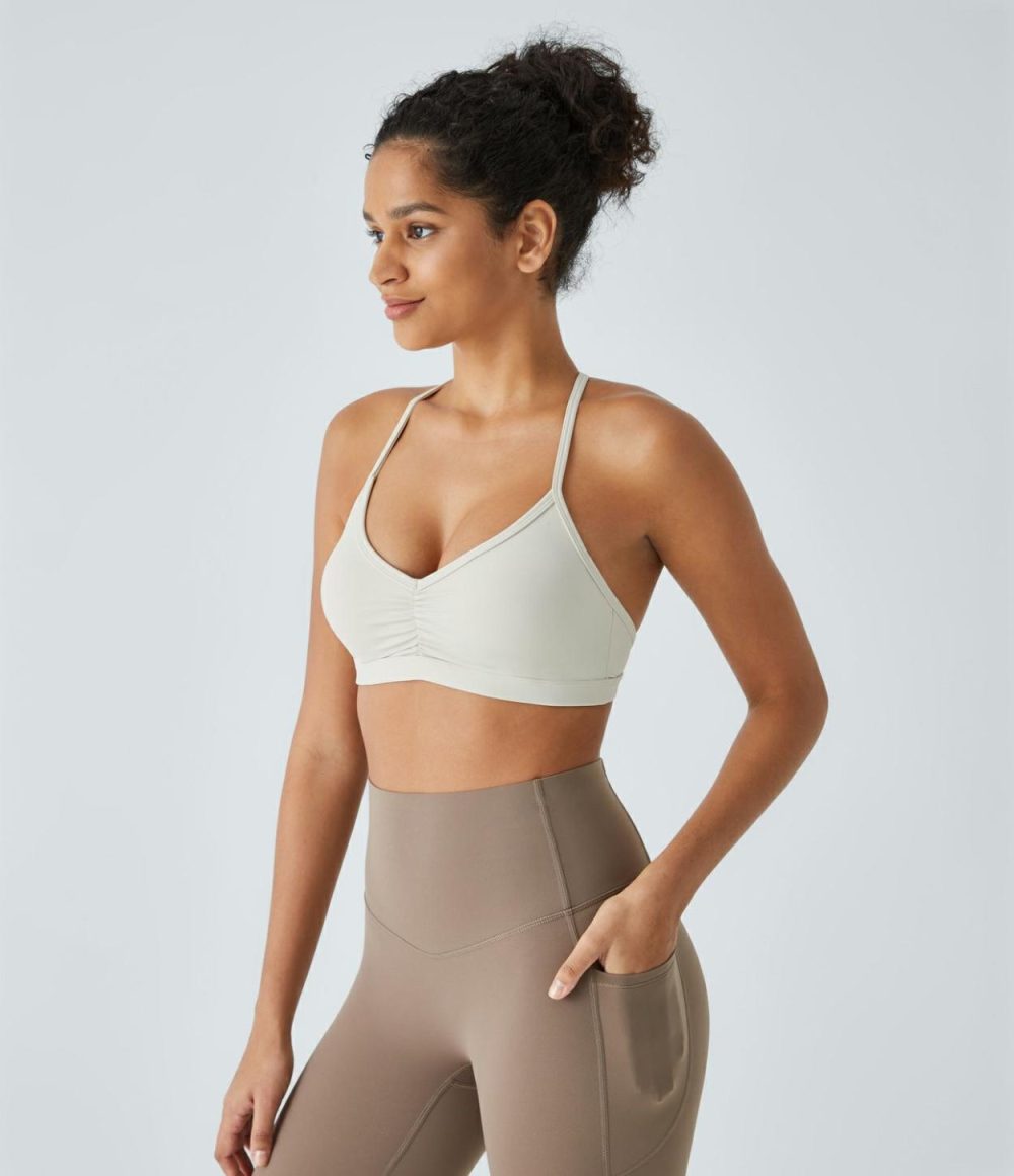 Low Support Backless Ruched Yoga Sports Bra  | Womens  Sports Bras Clothing Flint Stone/Mystic Blue/Apricot Brandy