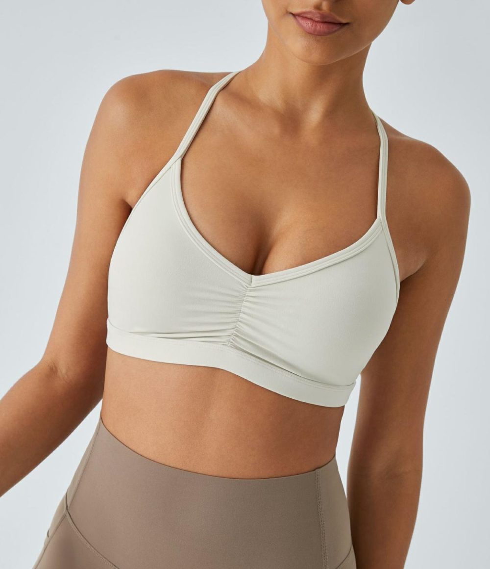 Low Support Backless Ruched Yoga Sports Bra  | Womens  Sports Bras Clothing Flint Stone/Mystic Blue/Apricot Brandy