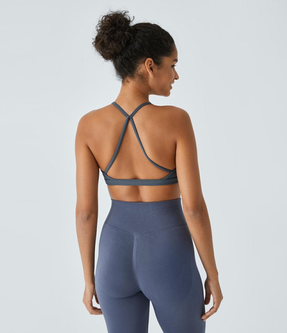 Low Support Backless Ruched Yoga Sports Bra  | Womens  Sports Bras Clothing Flint Stone/Mystic Blue/Apricot Brandy