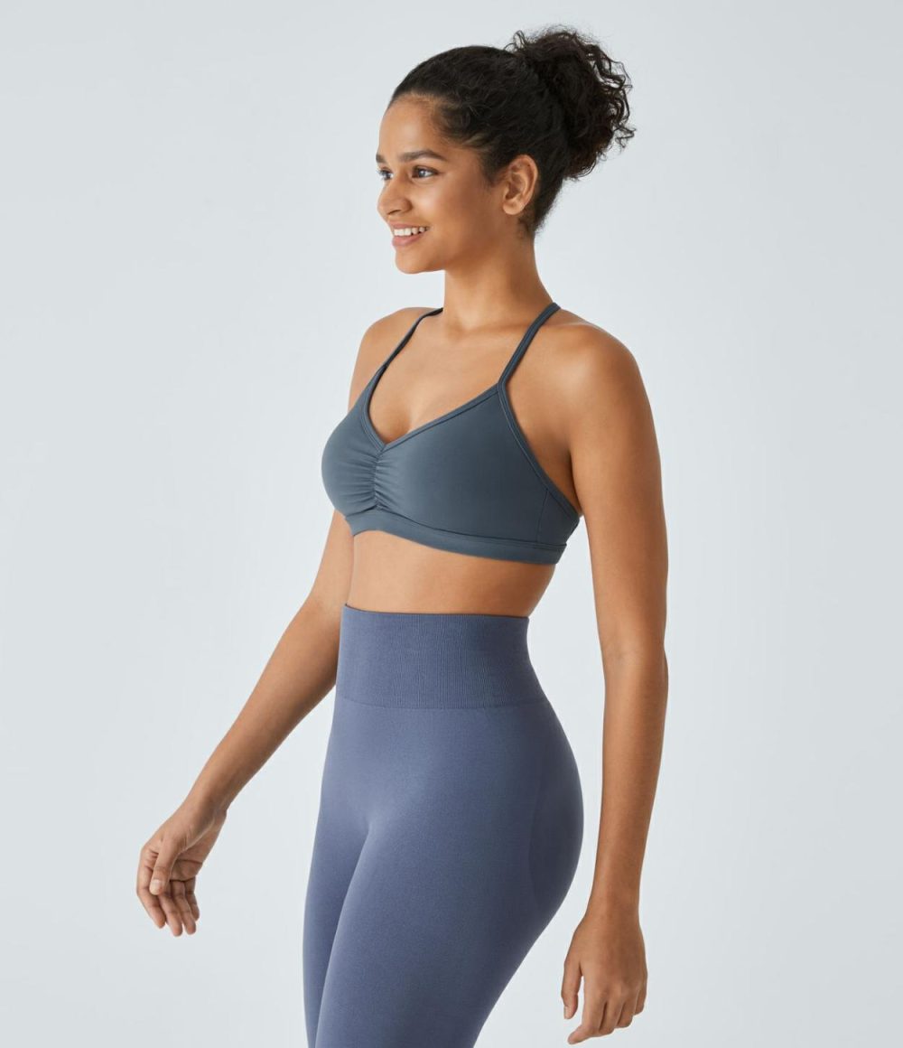 Low Support Backless Ruched Yoga Sports Bra  | Womens  Sports Bras Clothing Flint Stone/Mystic Blue/Apricot Brandy