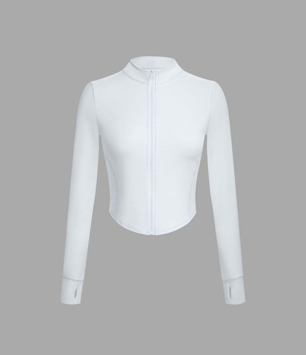 Mock Neck Zip Front Thumb Hole Cropped Golf Jacket  | Womens  Long Sleeve Tops Clothing Long Sleeve Tops