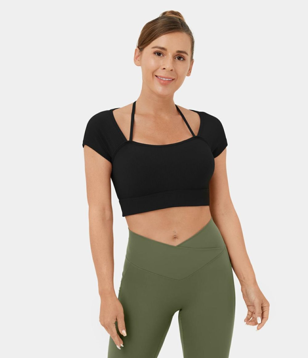 Ribbed Halter Strap Short Sleeve Cropped Yoga Sports Top  | Womens  Sports Tops Clothing Andorra/Black