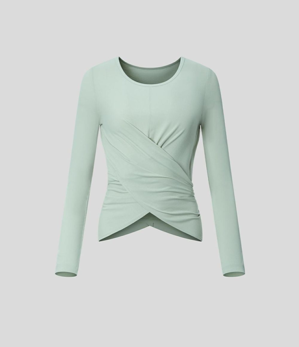 Ribbed Round Neck Long Sleeve Crossover Hem Button Solid Yoga Sports Top  | Womens  Sports Tops Clothing Fairest Jade/Black