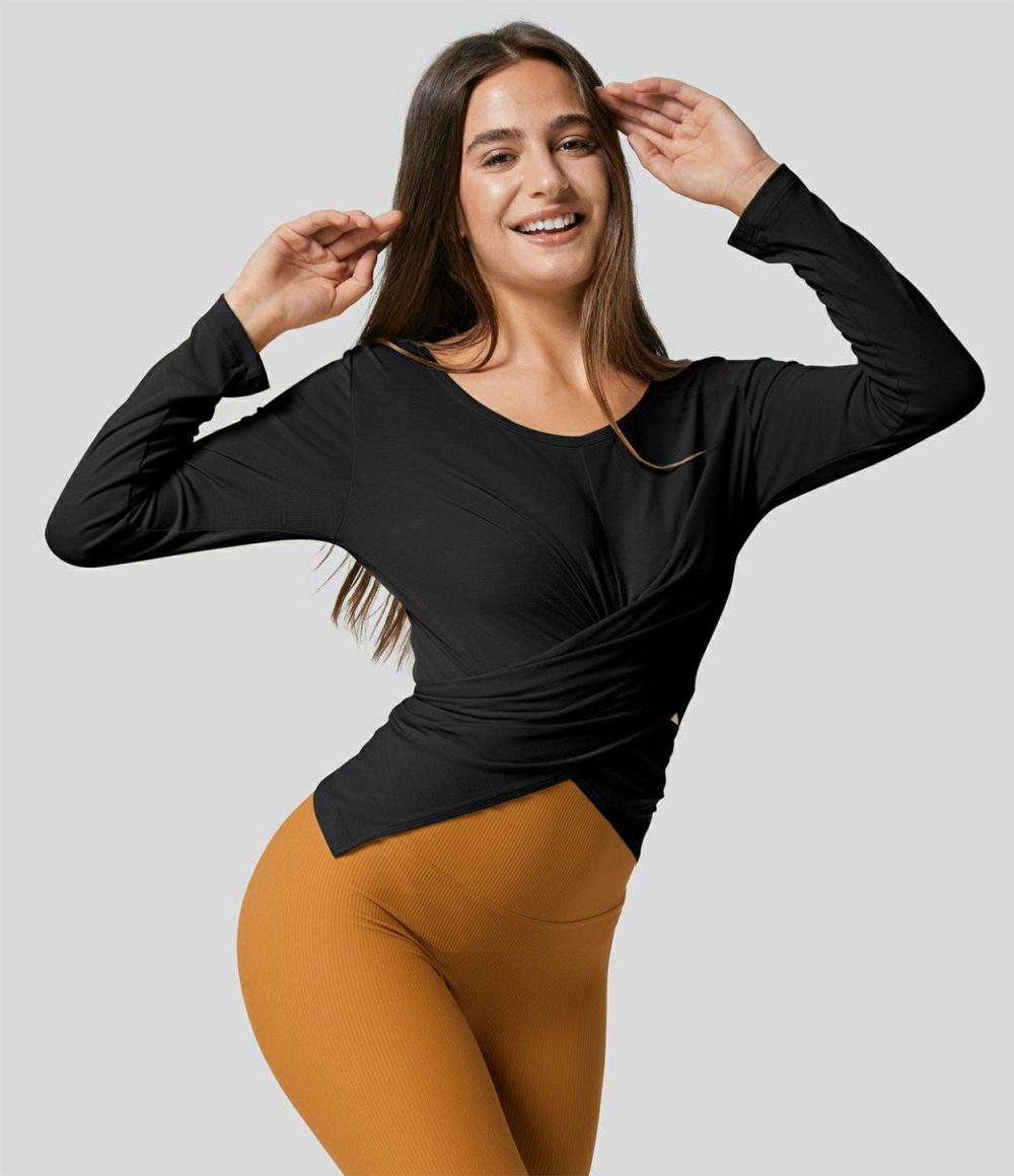 Ribbed Round Neck Long Sleeve Crossover Hem Button Solid Yoga Sports Top  | Womens  Sports Tops Clothing Fairest Jade/Black