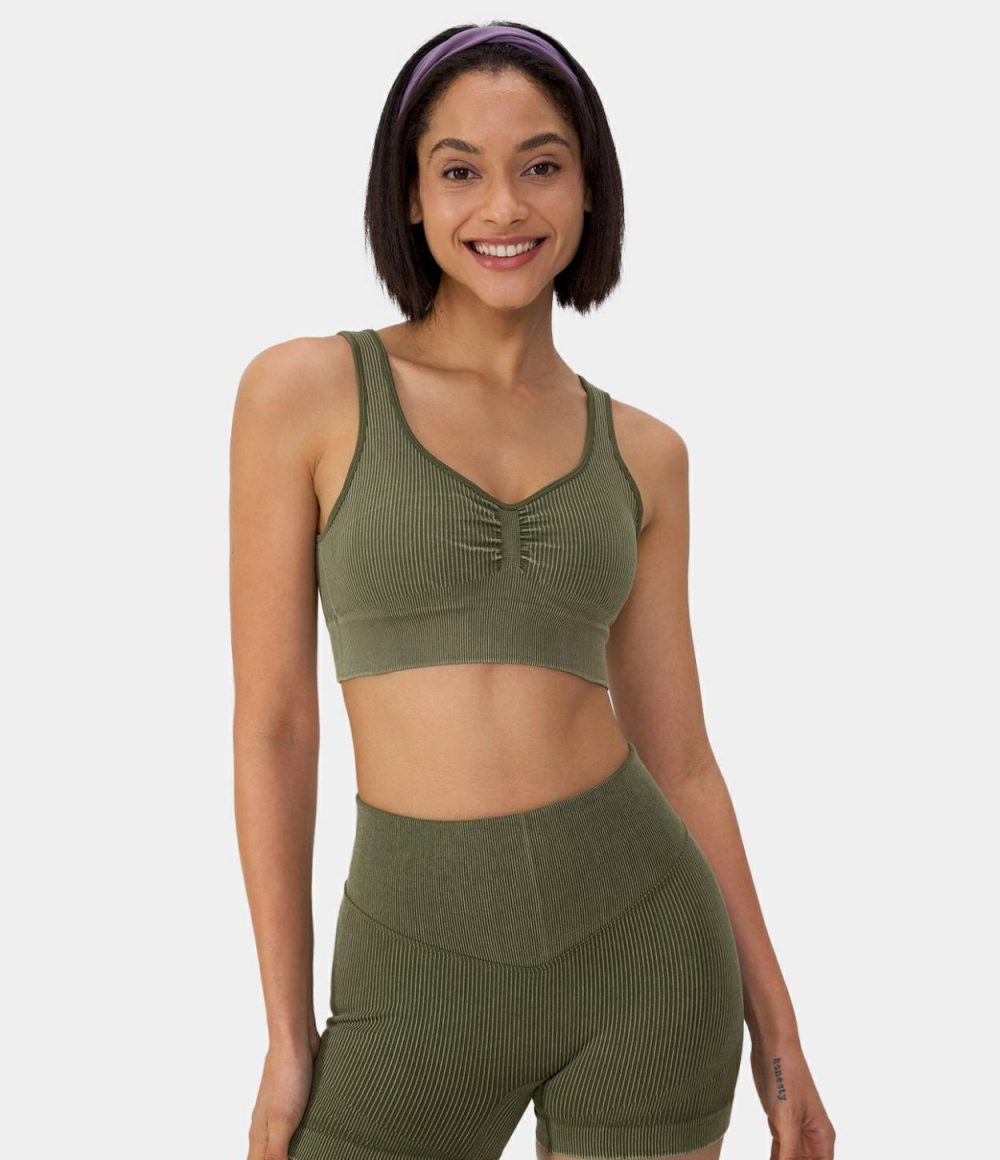 Seamless Flow Medium Support Ruched Yoga Sports Bra  | Womens  Sports Bras Clothing Grey Green/Black/Pistachio