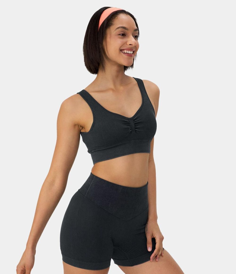 Seamless Flow Medium Support Ruched Yoga Sports Bra  | Womens  Sports Bras Clothing Grey Green/Black/Pistachio