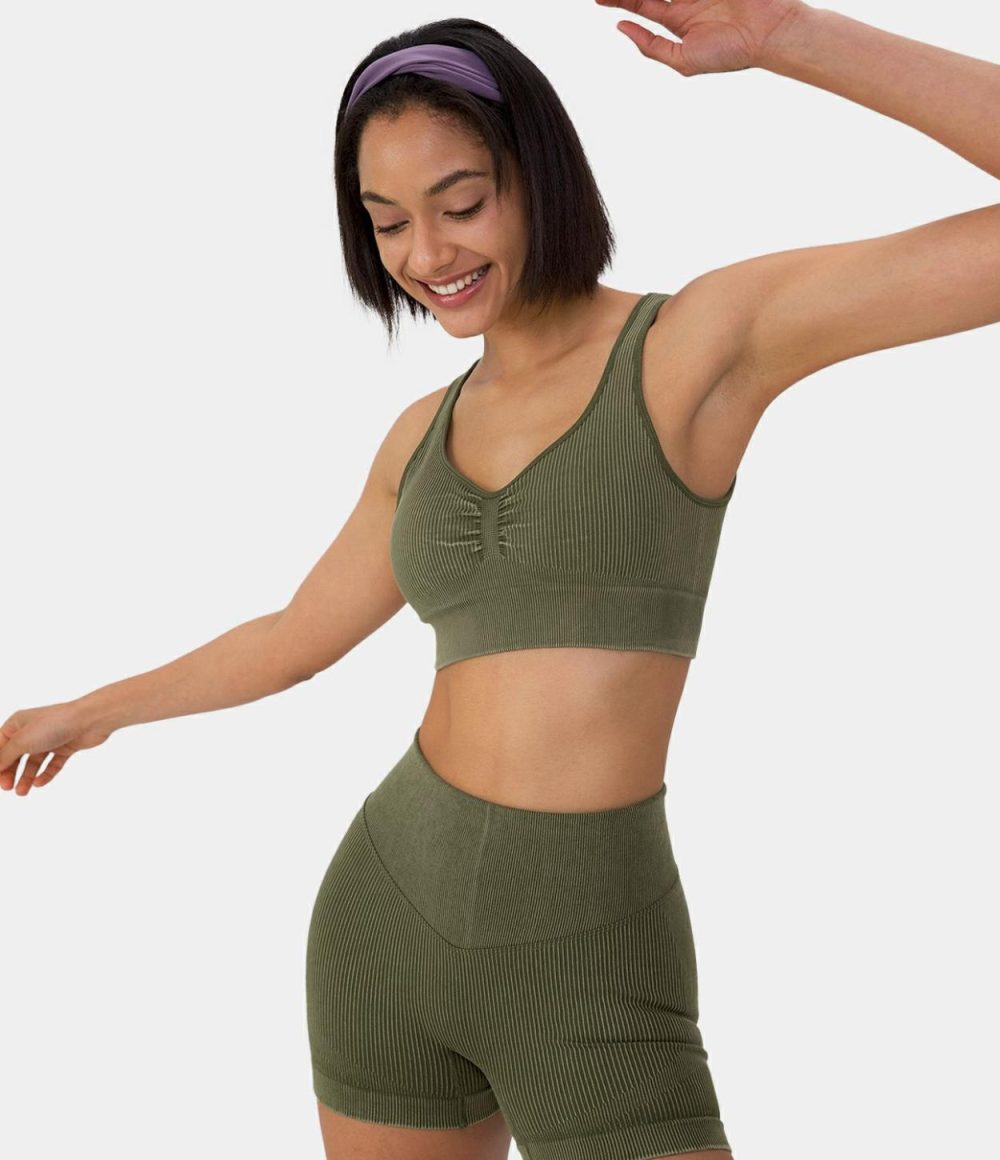 Seamless Flow Medium Support Ruched Yoga Sports Bra  | Womens  Sports Bras Clothing Grey Green/Black/Pistachio