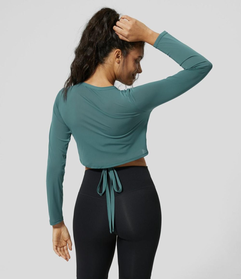 Sheer V Neck Long Sleeve Tie Back Cropped Yoga Mesh Sports Top  | Womens  Sports Tops Clothing Mellow Rose/Stone Green/Black