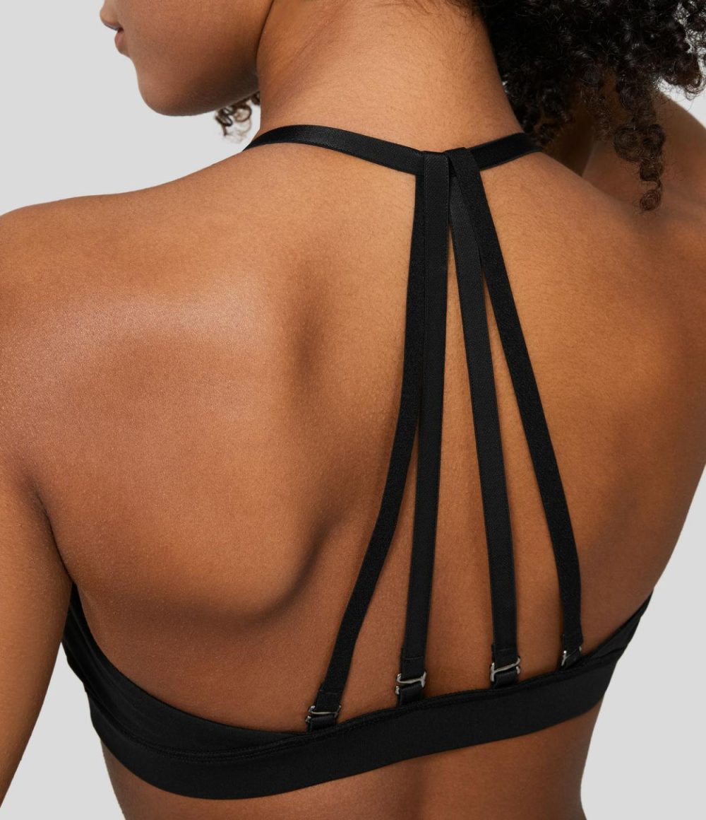 Softlyzero™ Airy Low Support Deep V Neck Backless Removable Strap Cool Touch Casual Sports Bra-UPF50+  | Womens  Sports Bras Clothing Nosegay/Black