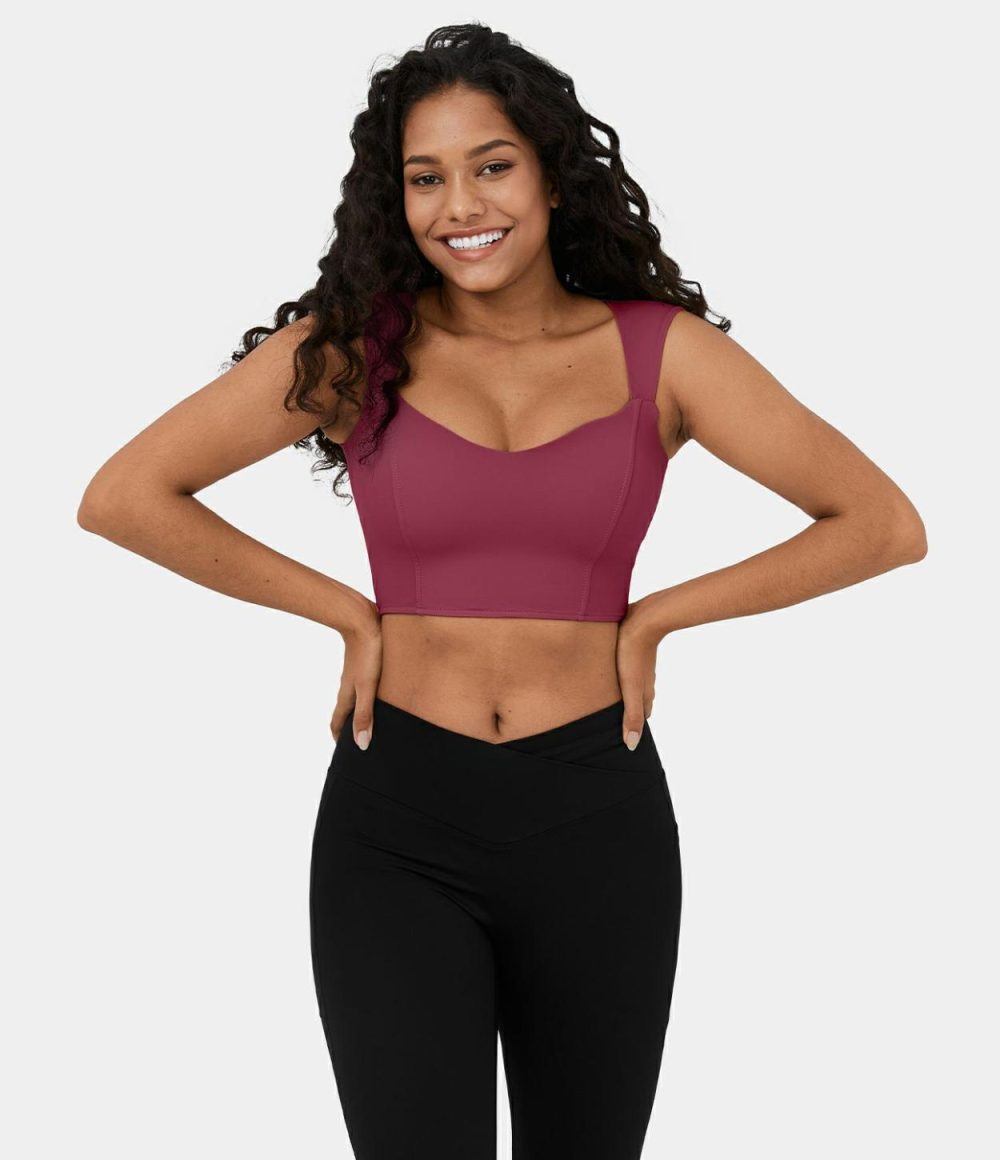 Softlyzero™ Airy Square Neck Small Cap Sleeve Cropped Cool Touch Yoga Sports Top-UPF50+  | Womens  Sports Tops Clothing Black/Cordovan