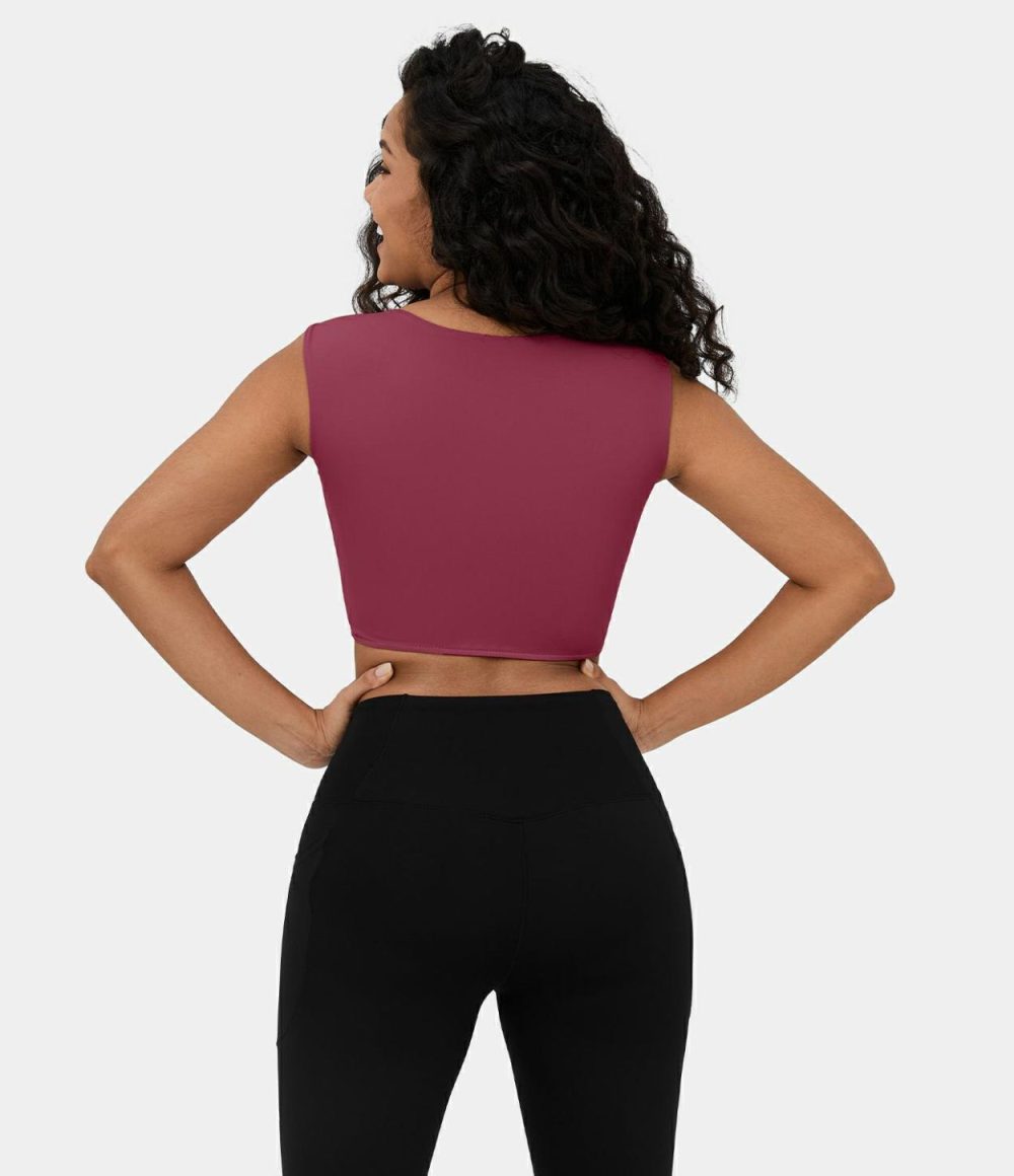 Softlyzero™ Airy Square Neck Small Cap Sleeve Cropped Cool Touch Yoga Sports Top-UPF50+  | Womens  Sports Tops Clothing Black/Cordovan