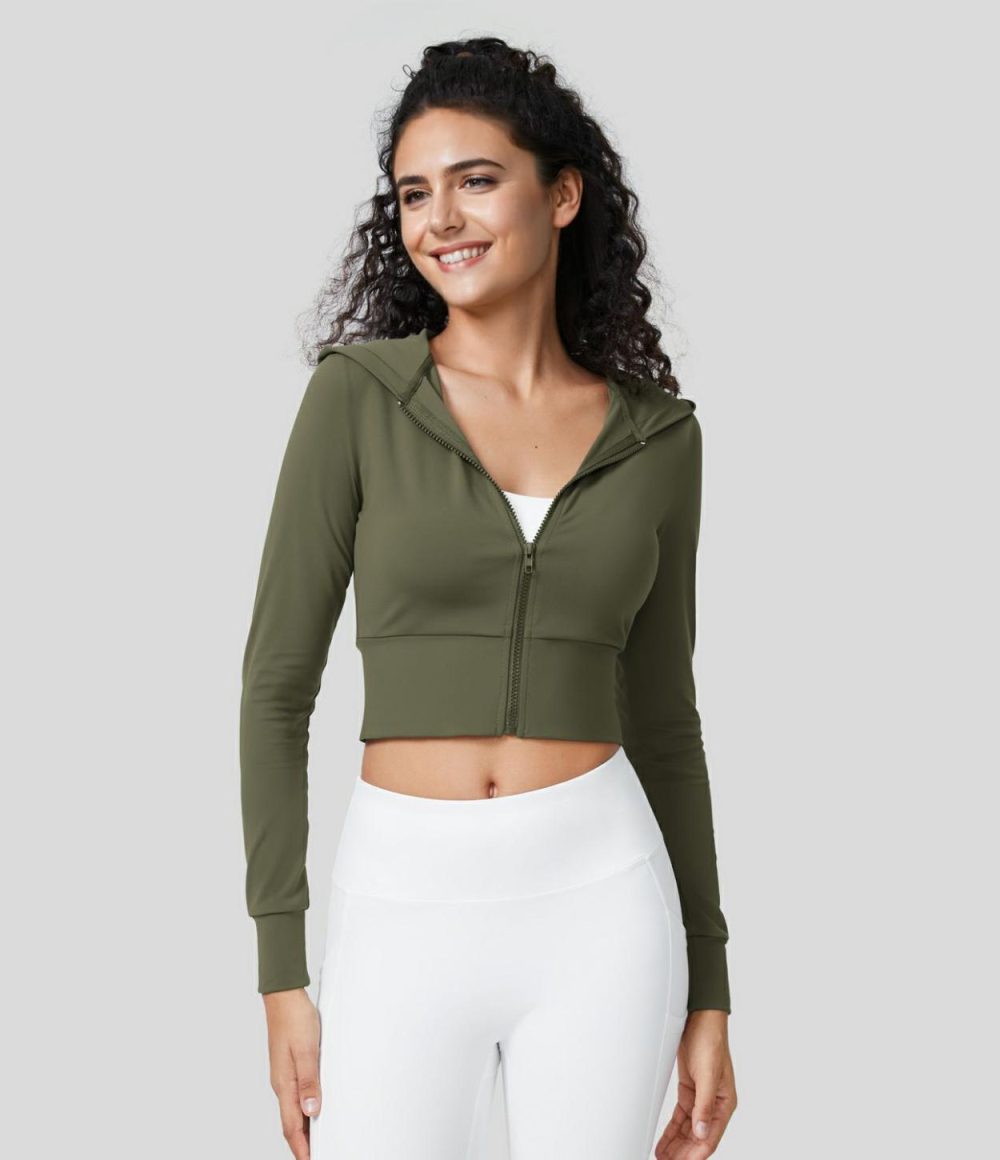 Softlyzero™ Plush Hooded Zipper Long Sleeve Cropped Yoga Jacket  | Womens  Long Sleeve Tops Clothing Grass Grey Green/Black