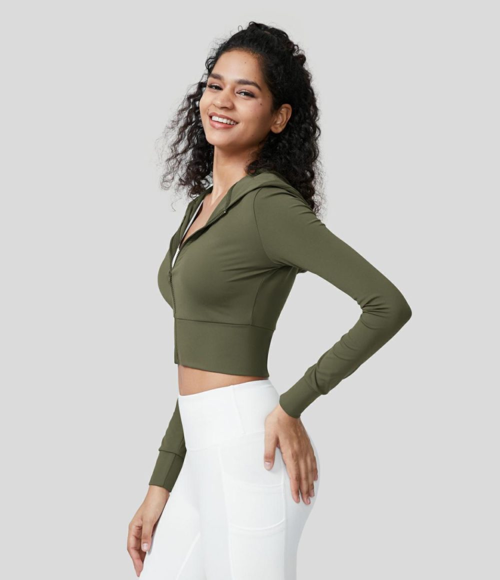 Softlyzero™ Plush Hooded Zipper Long Sleeve Cropped Yoga Jacket  | Womens  Long Sleeve Tops Clothing Grass Grey Green/Black