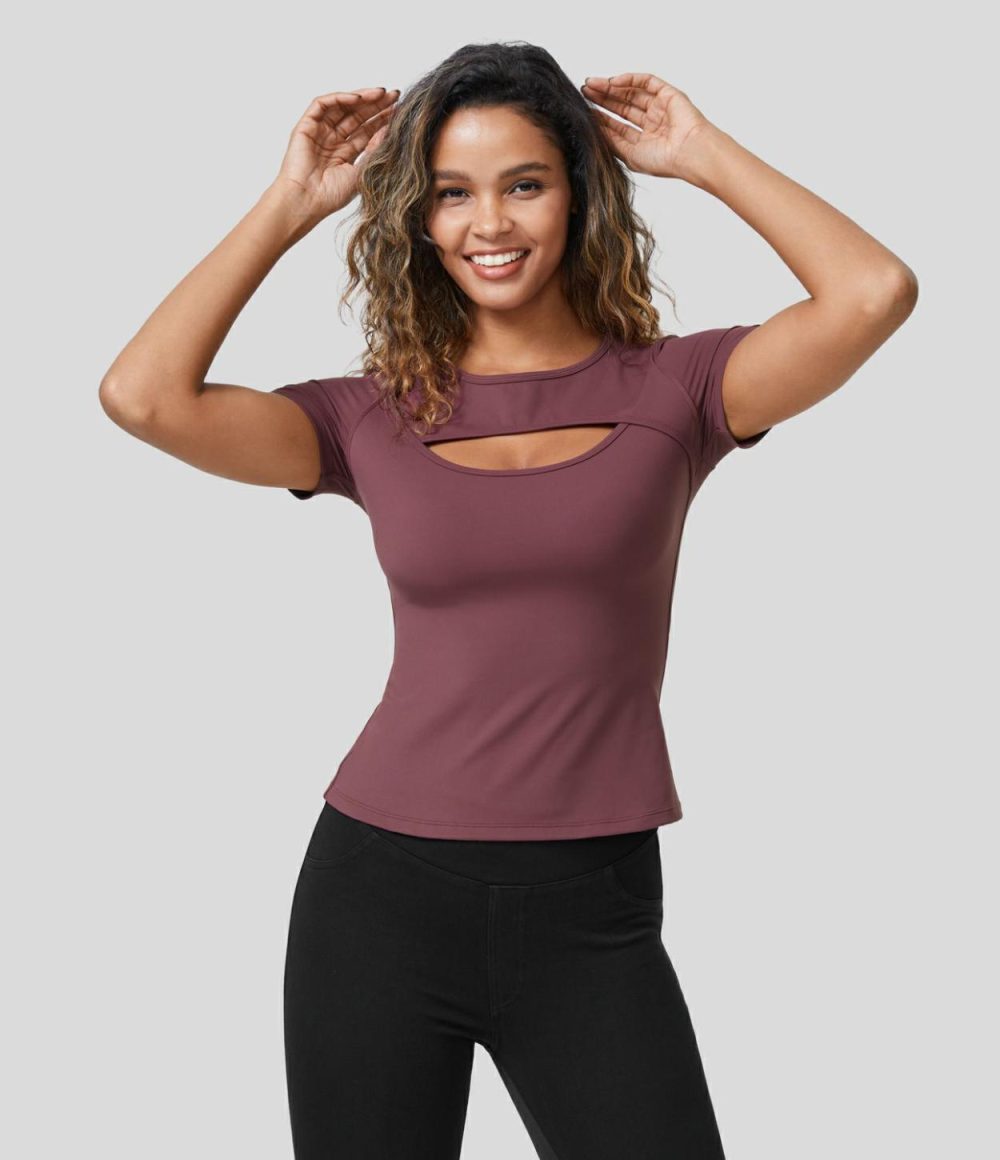 Softlyzero™ Plush Round Neck Cut Out Short Sleeve Casual Sports Top  | Womens  Sports Tops Clothing Red Mahogany/Black