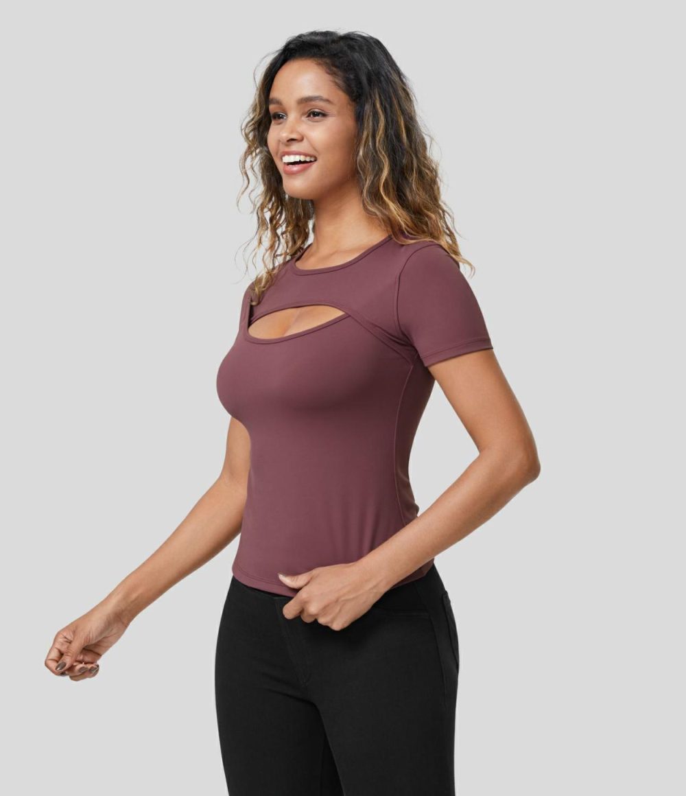 Softlyzero™ Plush Round Neck Cut Out Short Sleeve Casual Sports Top  | Womens  Sports Tops Clothing Red Mahogany/Black