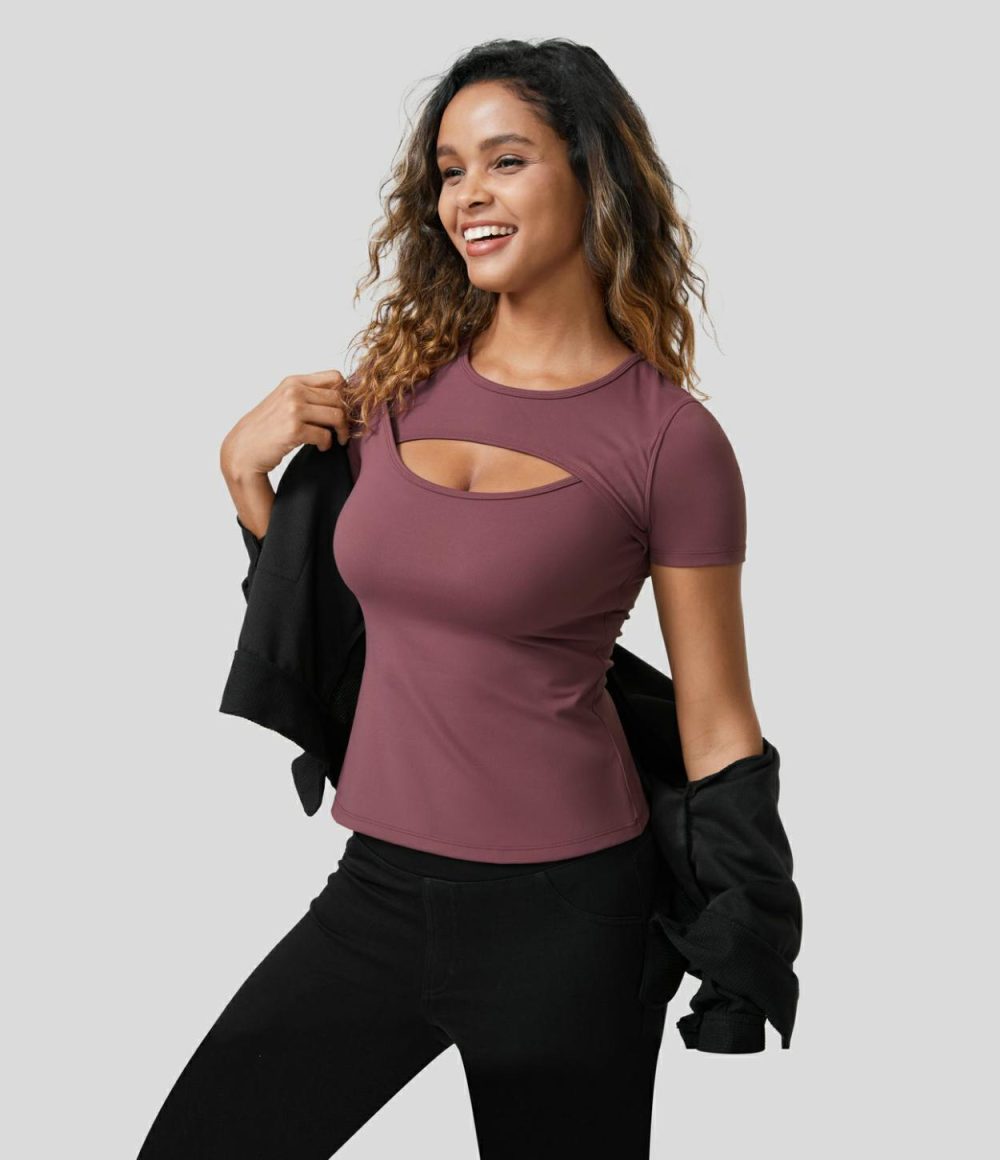 Softlyzero™ Plush Round Neck Cut Out Short Sleeve Casual Sports Top  | Womens  Sports Tops Clothing Red Mahogany/Black