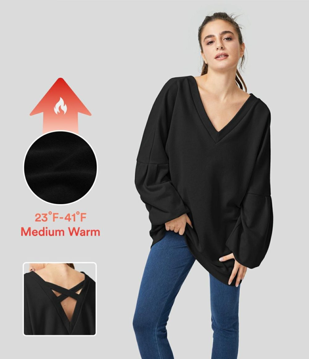 V Neck Dropped Shoulder Bishop Sleeve Crisscross Back Oversize Fleece Casual Cotton Sweatshirt  | Womens  Long Sleeve Tops Clothing Black/Happy Anniversary Gray