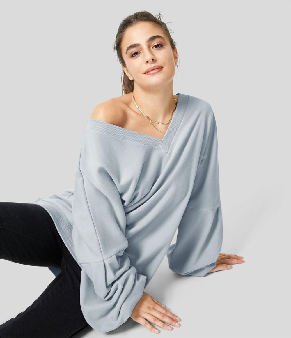 V Neck Dropped Shoulder Bishop Sleeve Crisscross Back Oversize Fleece Casual Cotton Sweatshirt  | Womens  Long Sleeve Tops Clothing Black/Happy Anniversary Gray