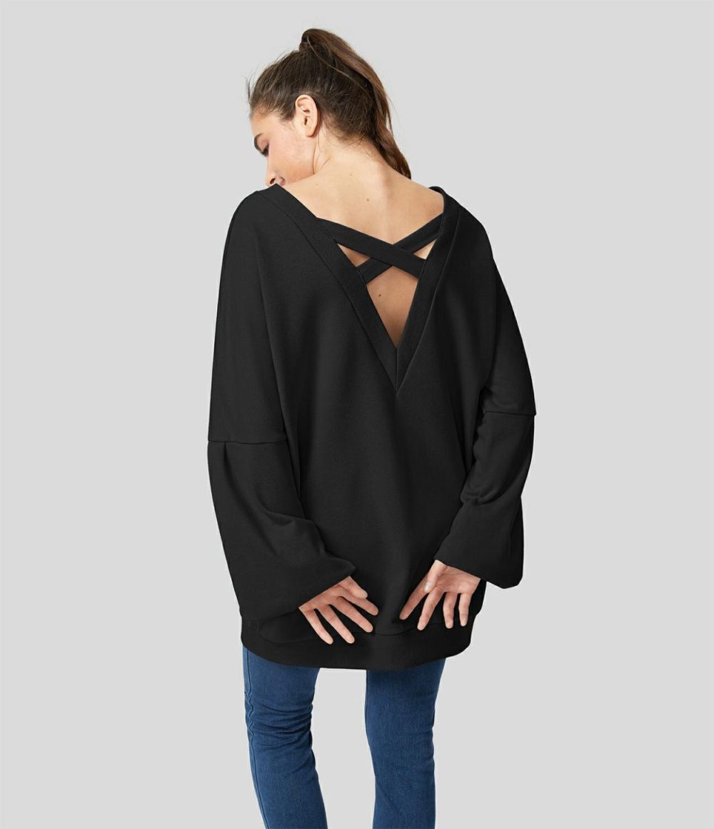 V Neck Dropped Shoulder Bishop Sleeve Crisscross Back Oversize Fleece Casual Cotton Sweatshirt  | Womens  Long Sleeve Tops Clothing Black/Happy Anniversary Gray