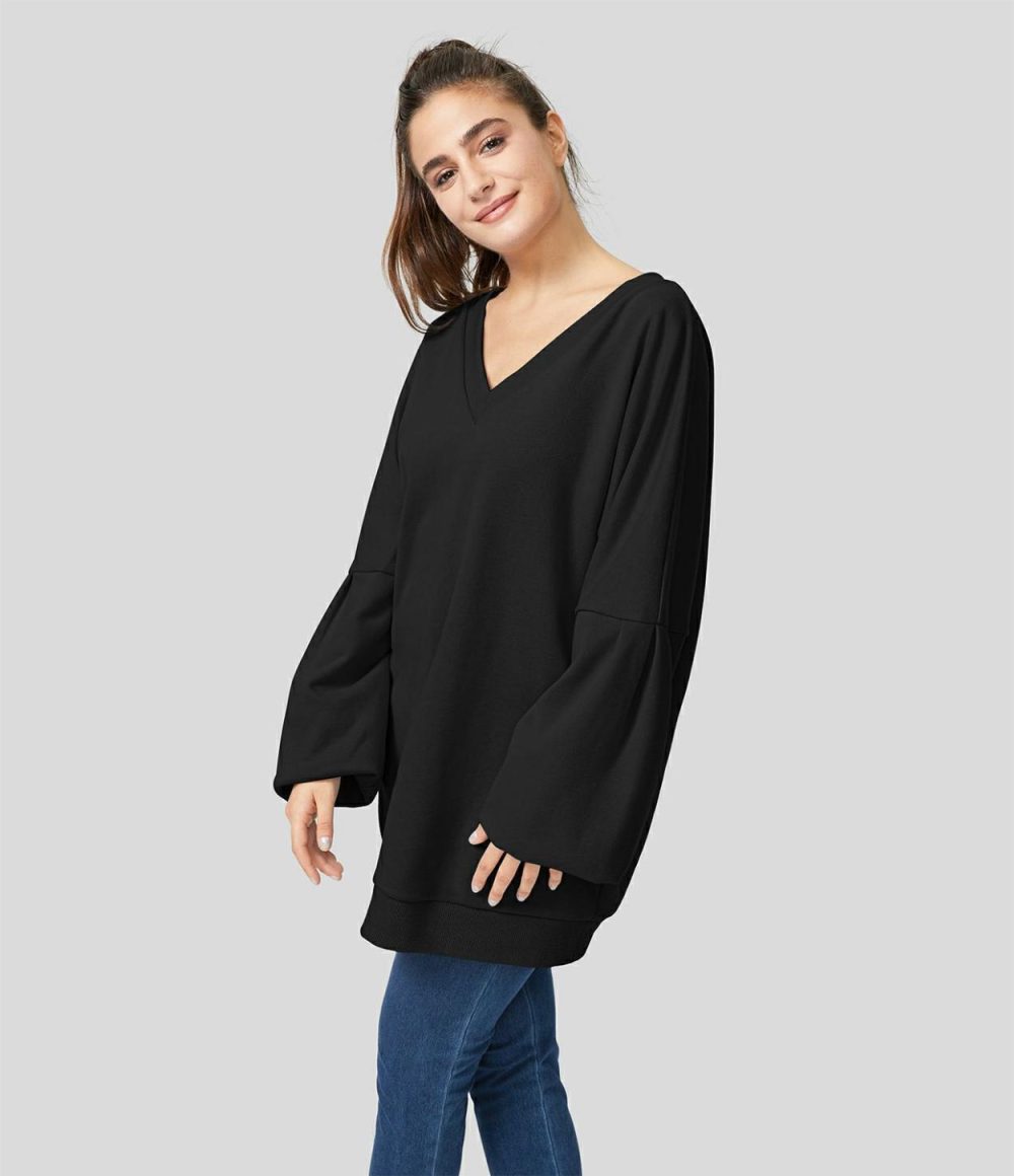 V Neck Dropped Shoulder Bishop Sleeve Crisscross Back Oversize Fleece Casual Cotton Sweatshirt  | Womens  Long Sleeve Tops Clothing Black/Happy Anniversary Gray