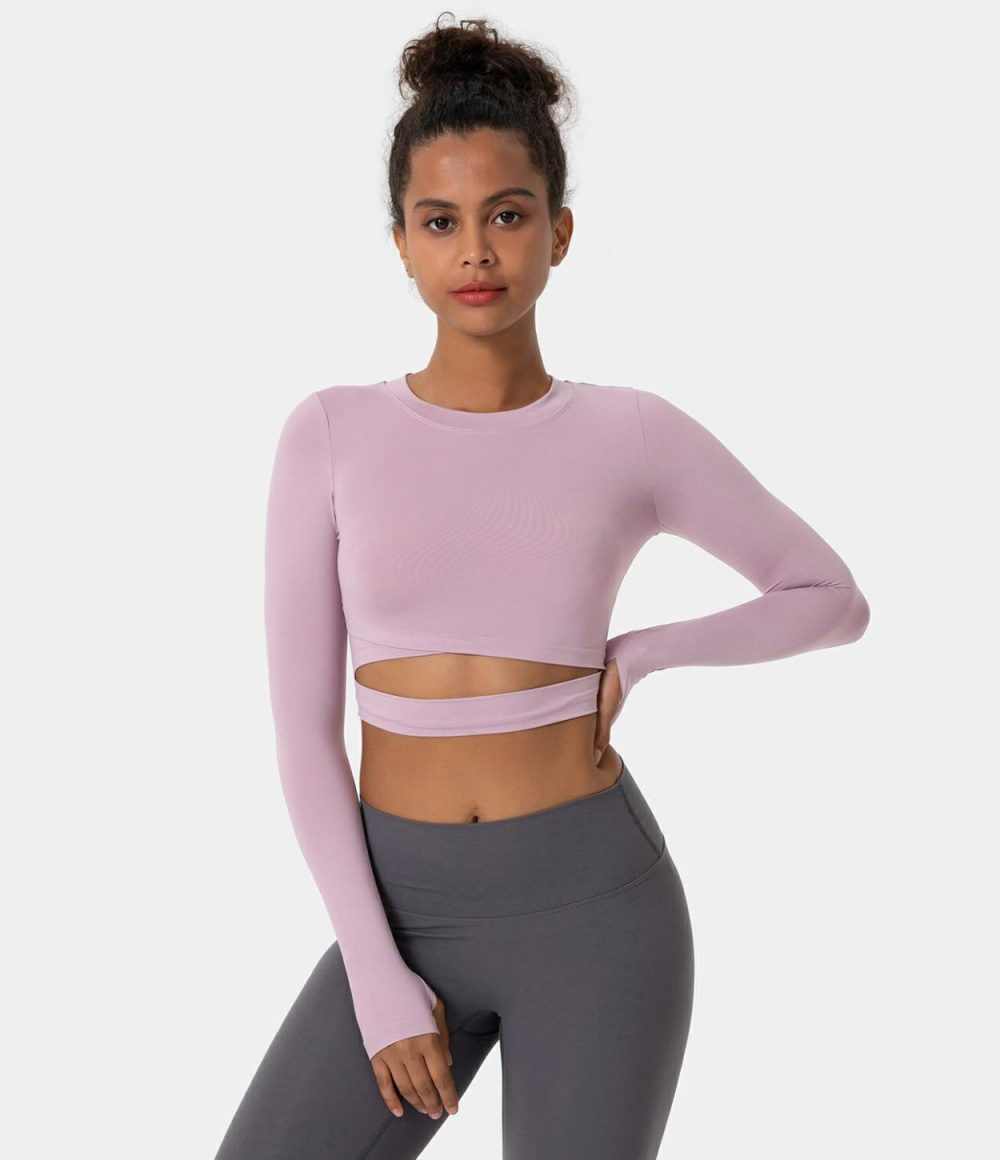 Crew Neck Thumb Hole Cut Out Cropped Sports Top  | Womens  Sports Tops Clothing Lilac Purple/Pastel Red/Black/White