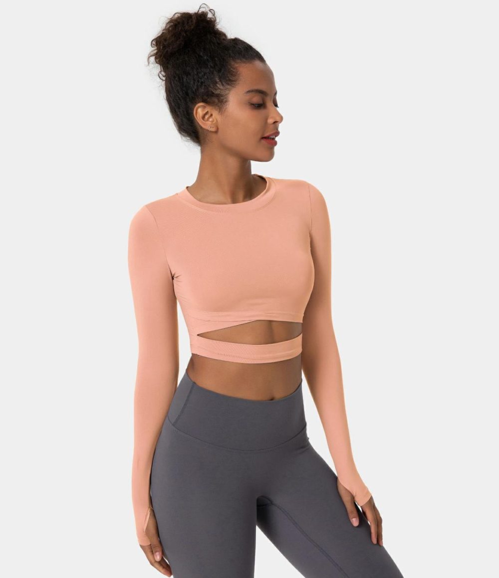 Crew Neck Thumb Hole Cut Out Cropped Sports Top  | Womens  Sports Tops Clothing Lilac Purple/Pastel Red/Black/White