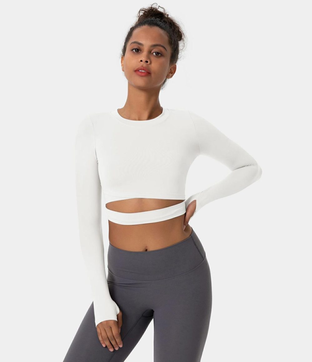 Crew Neck Thumb Hole Cut Out Cropped Sports Top  | Womens  Sports Tops Clothing Lilac Purple/Pastel Red/Black/White