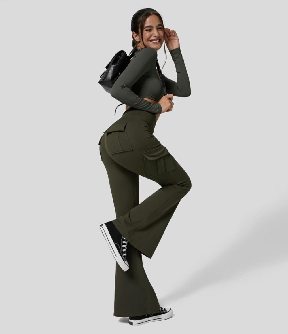 High Waisted Cargo Pocket Flare Yoga Pants  | Womens  Cargo Pants Cargo Pants Cargo Pants