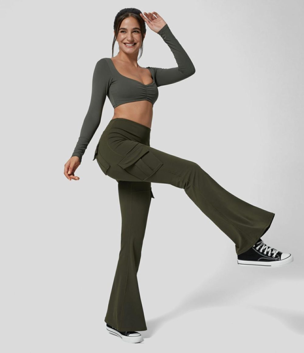 High Waisted Cargo Pocket Flare Yoga Pants  | Womens  Cargo Pants Cargo Pants Cargo Pants